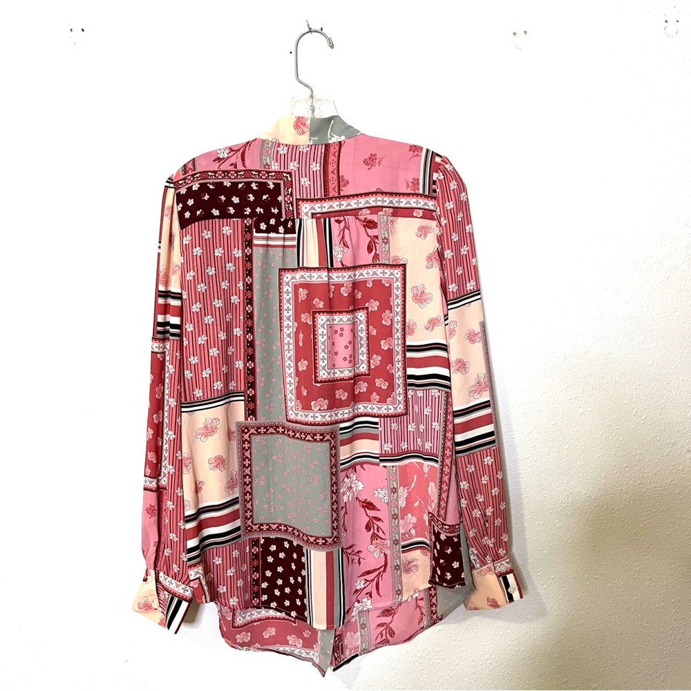Talbots Red Pink Gray Tie Neck Patchwork Blouse T… - image 4